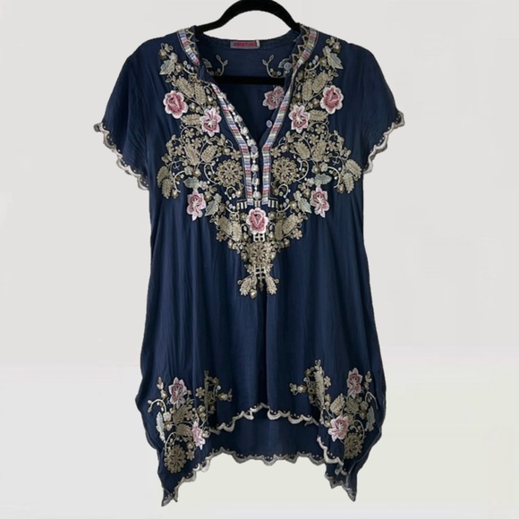 Johnny Was Floral Embroidered Blush Talum‎ Blouse Tunic Top Graphite Steel Gray - Picture 12 of 12